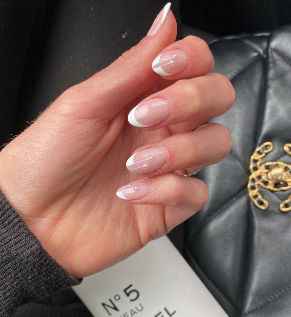 French Almond Peak with Pearls wedding nails