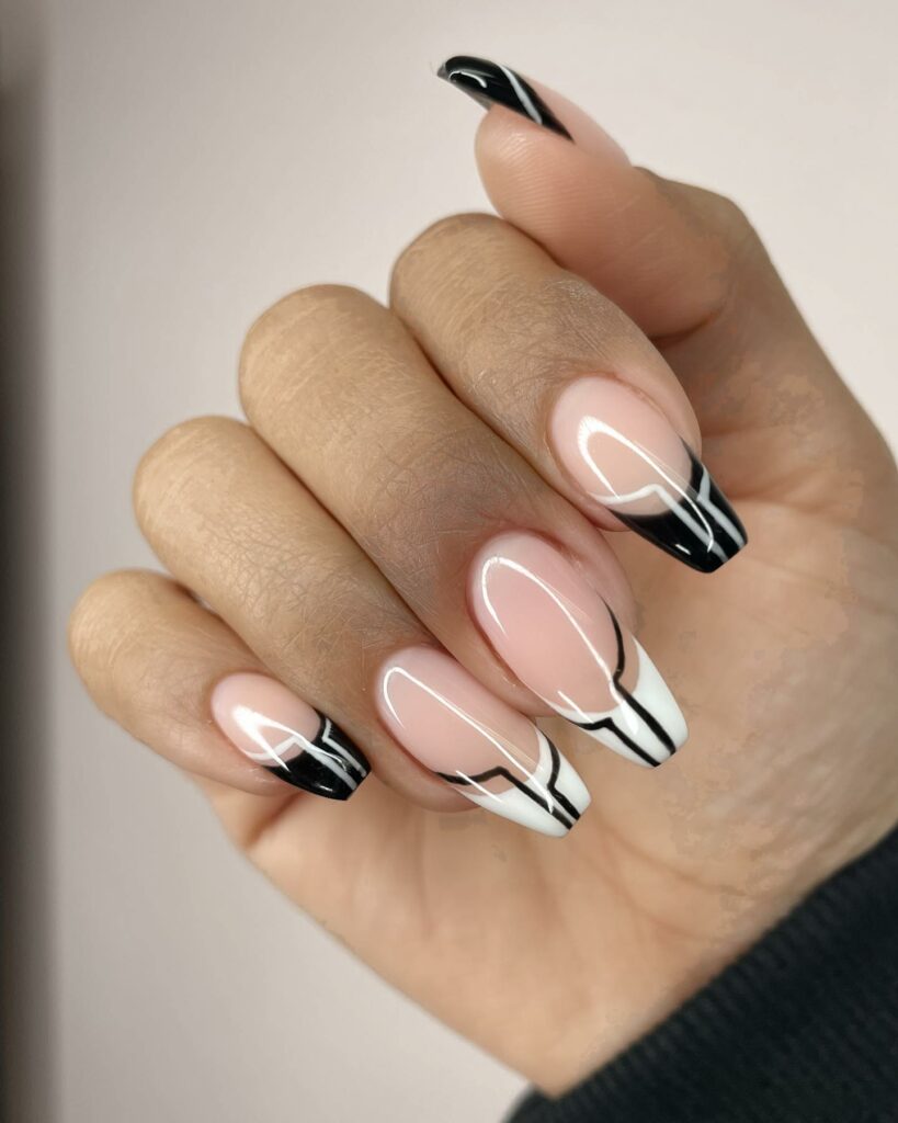 Geometric Shapes on Black & White Nails