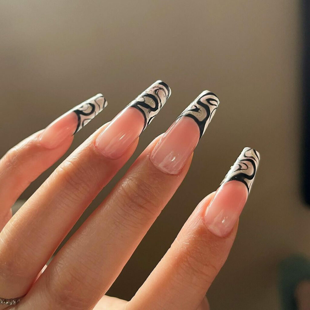 Elegant French Swirl Black & White Nails