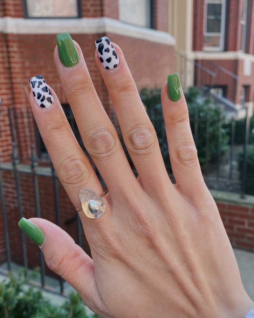 Green and Cow Print Nails