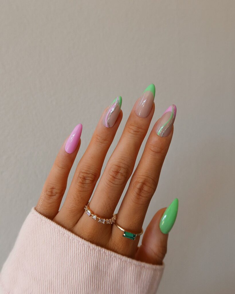 Green and Pink Galaxy Nails