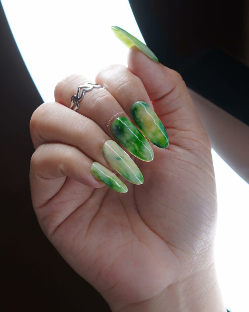 Green and White Marble nails