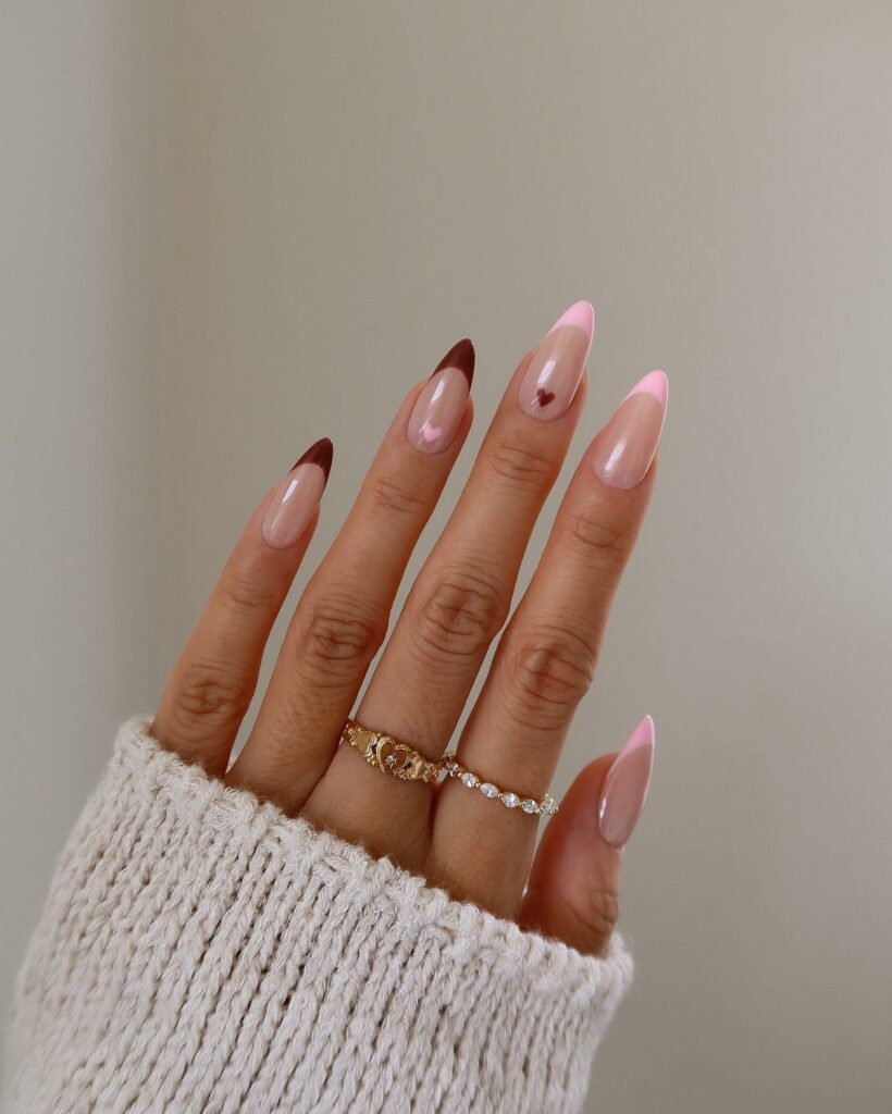 Pink and Brown French Nails with Heartfelt Accents