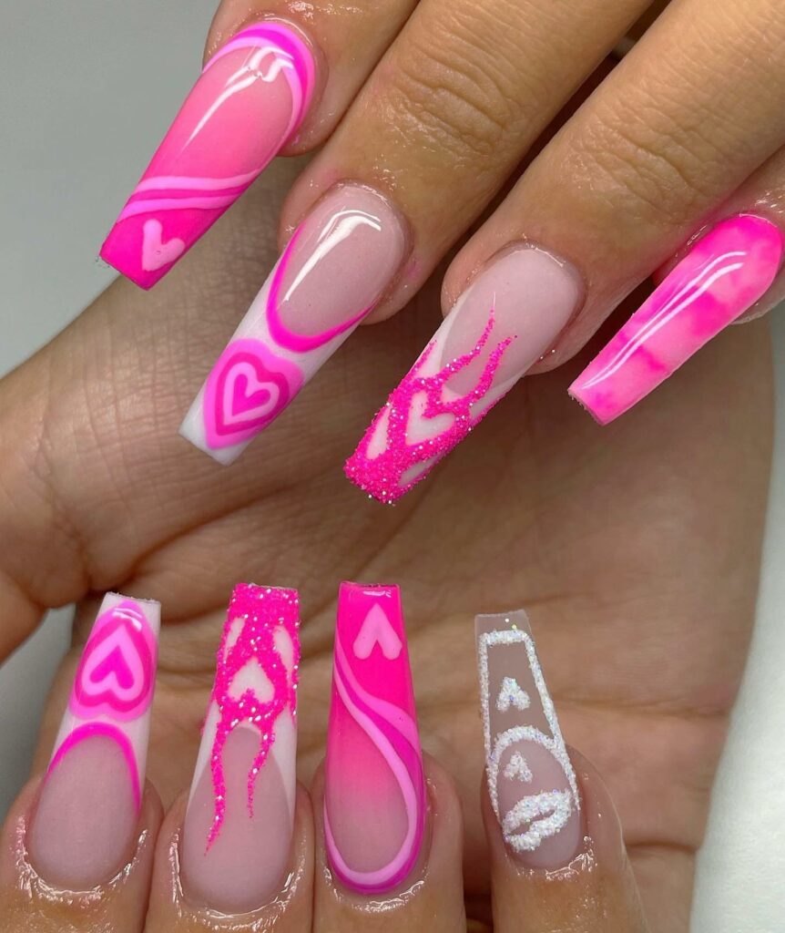 Hot Pink Tips with Hand-Painted Art