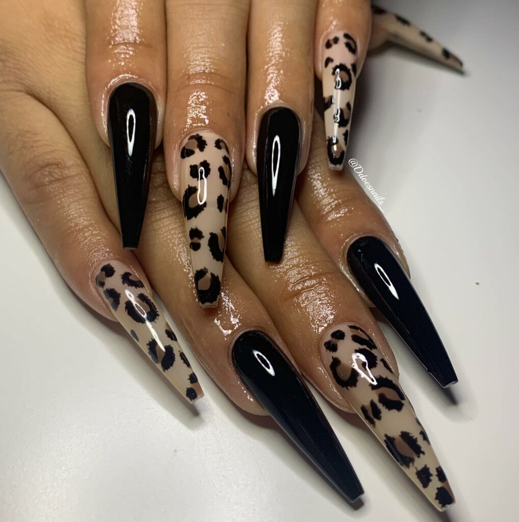 Leopard Print Black Acrylics nails