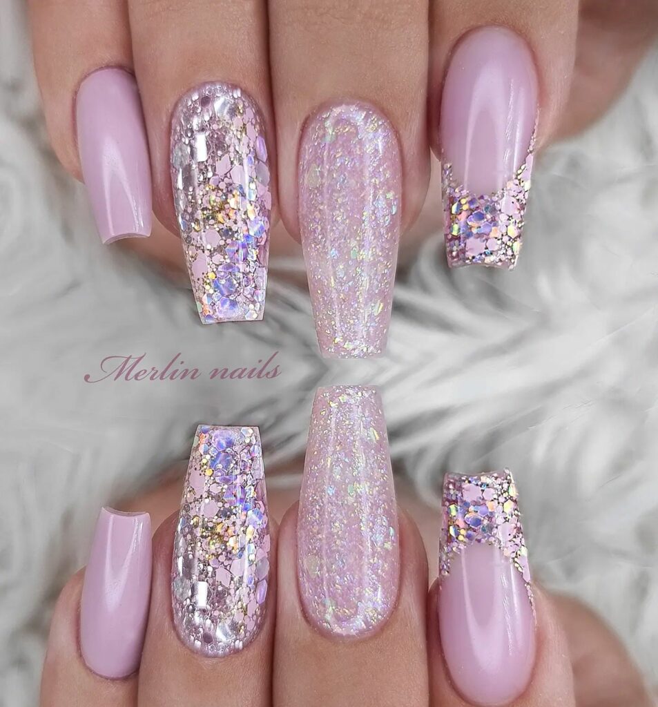 Light Pink Nails with Purple Sparkle