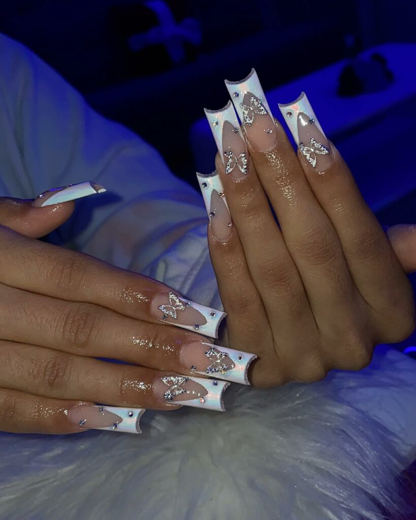 Long Nail Design with Rhinestones