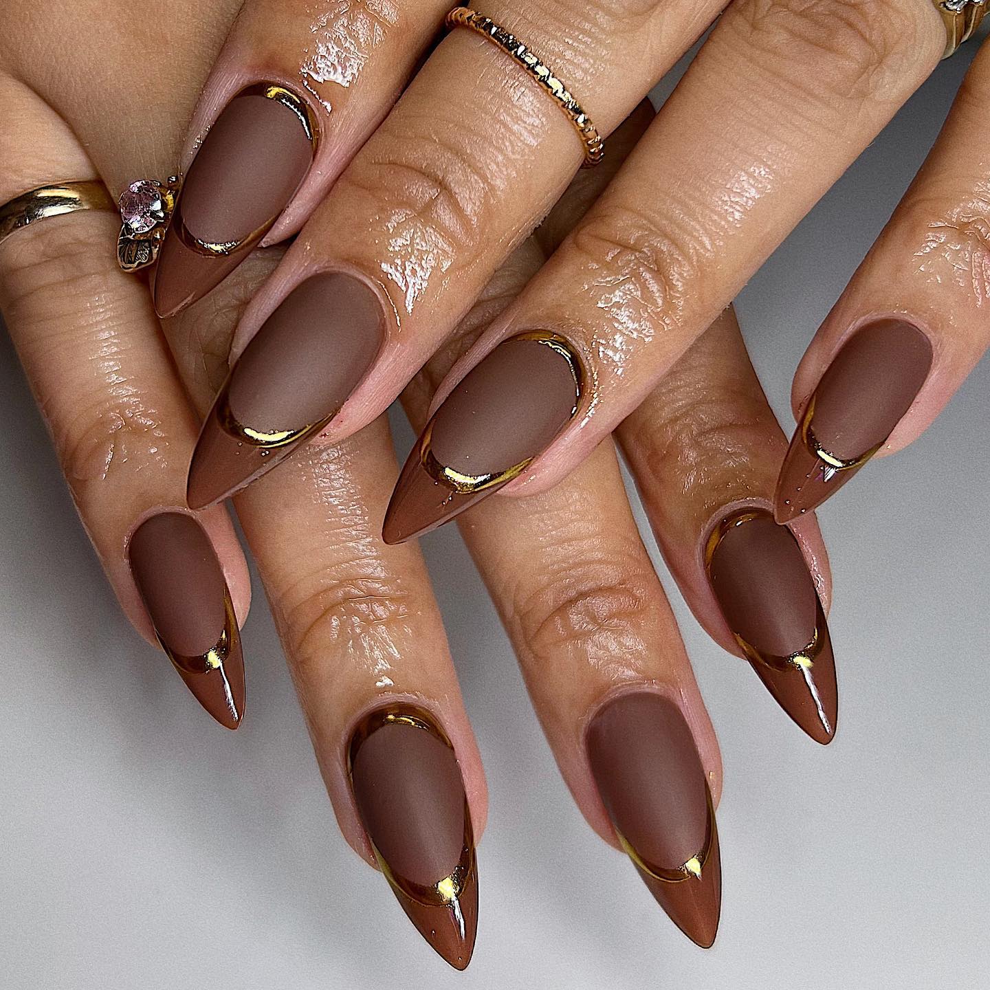 Elegant Brown Nail Designs To Try In 2024 Matte Brown Gradient Nails With Rhinestone