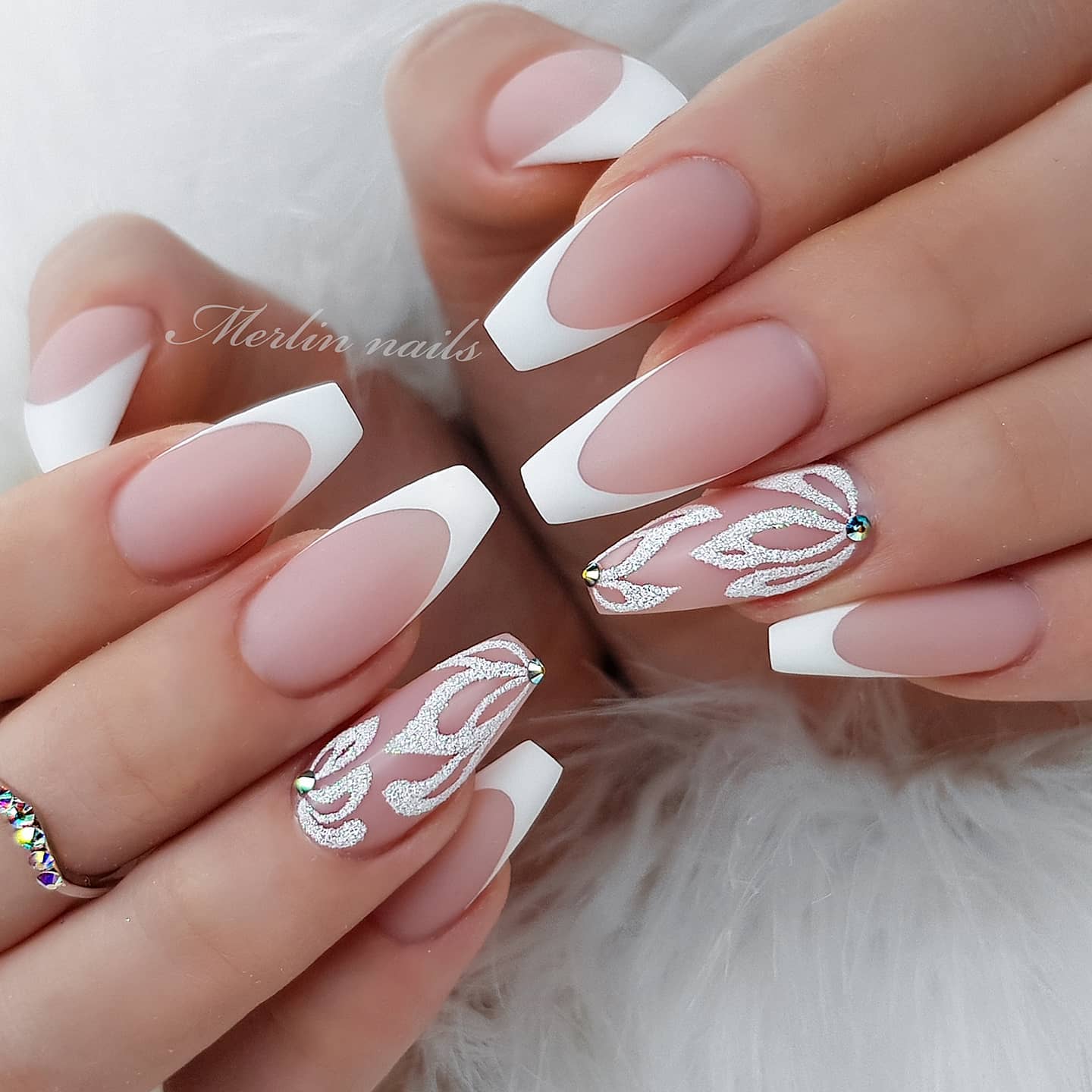 French White Nails with Glitter Florals