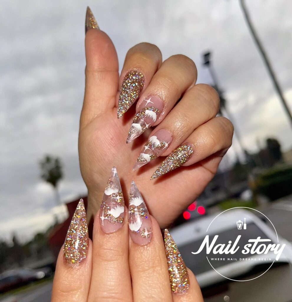 Sparkling Accents on Short Stiletto Nails