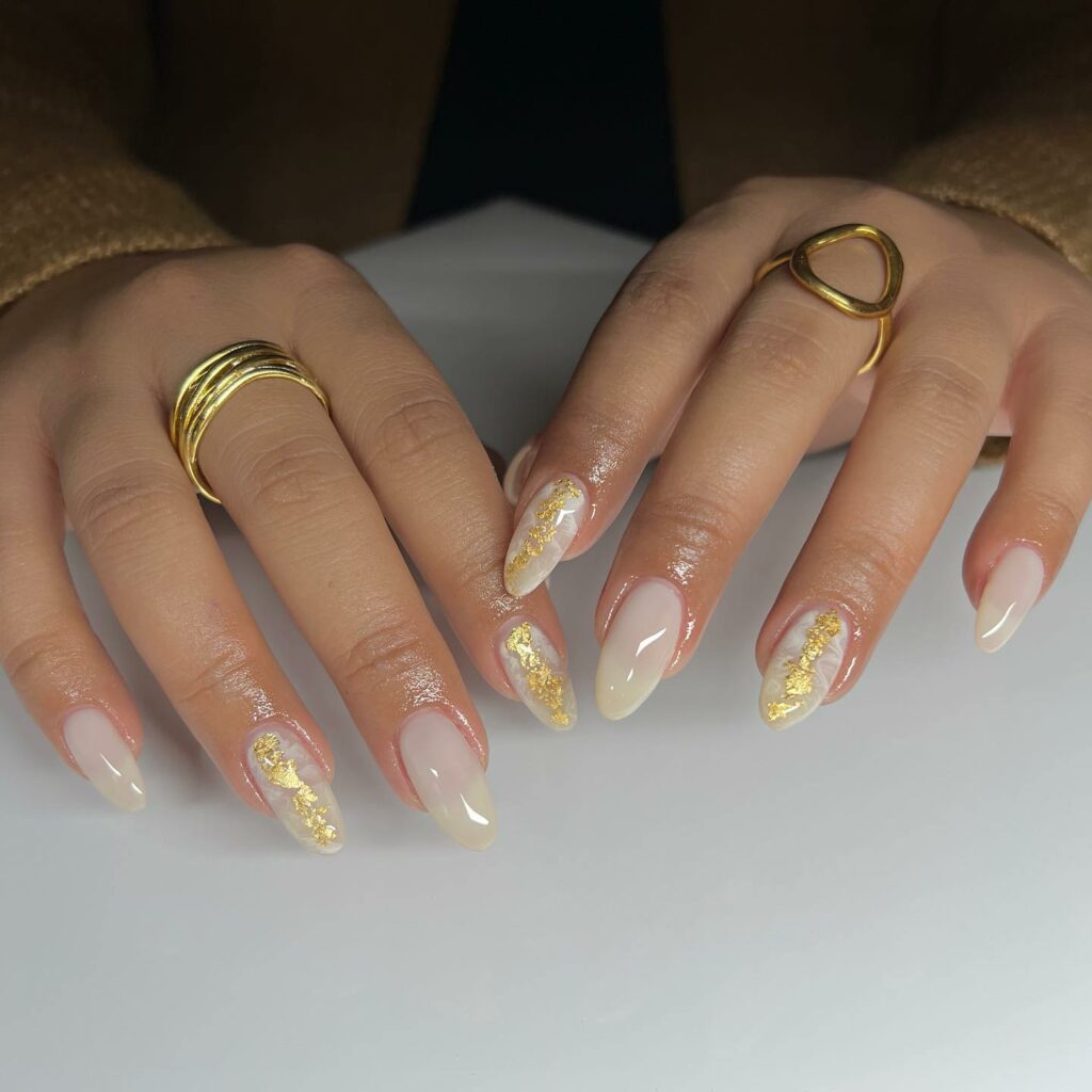 Milky White Marble Nails with a Touch of Gold