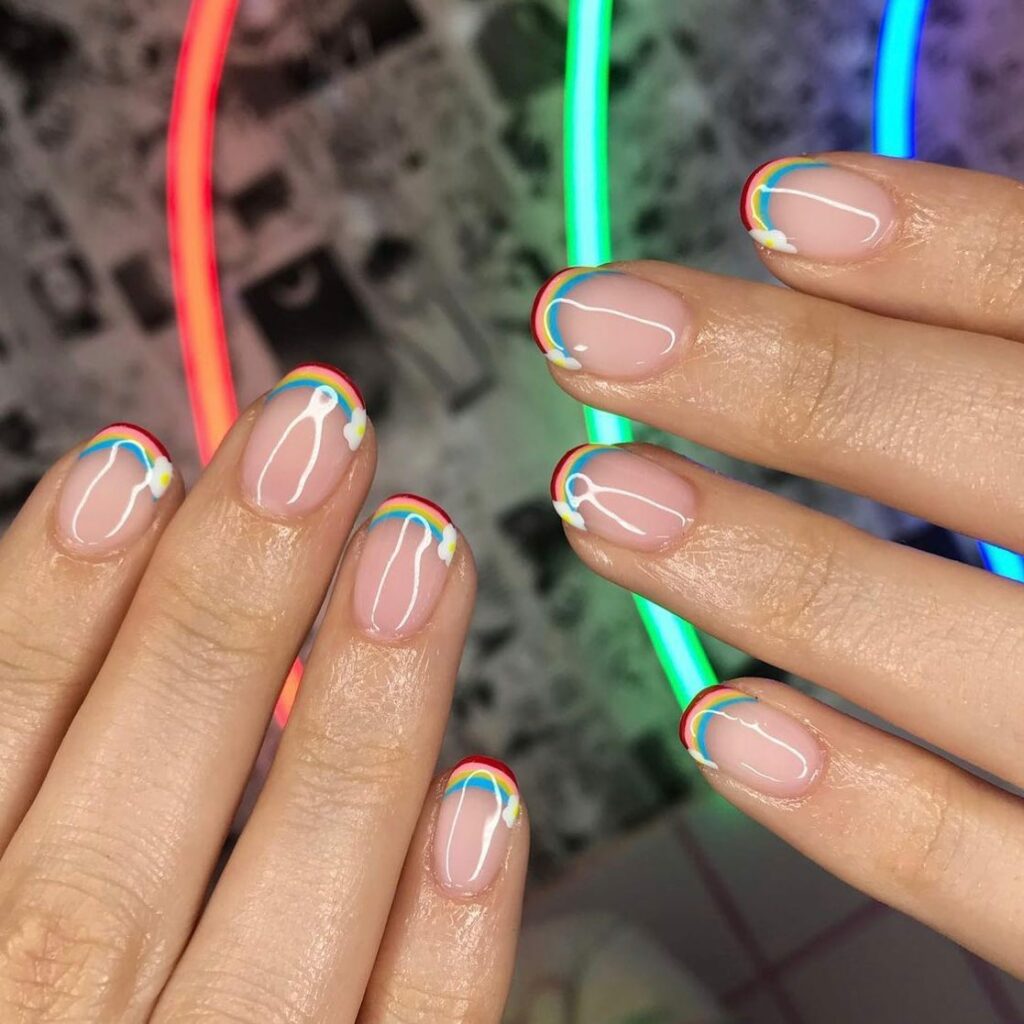 Milky White Rainbow Frenchies nails