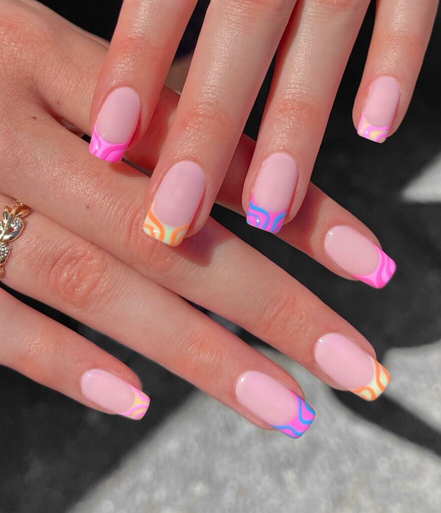 Peachy Square Nails With Multicolored Tips