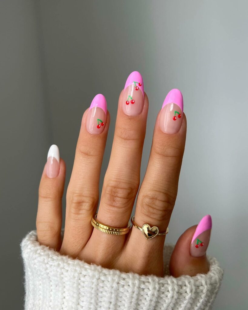 Hot Pink French Nails Adorned with Cherry Designs