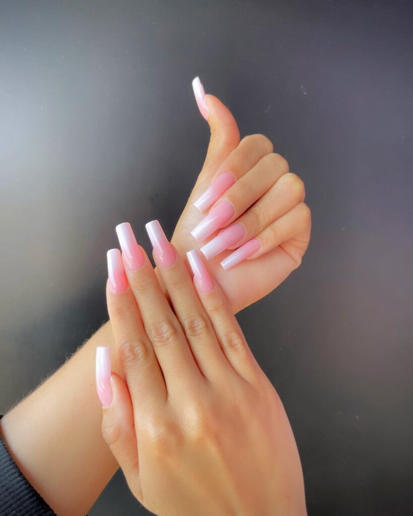 Pink Coffin-Shaped Nails w White Accents