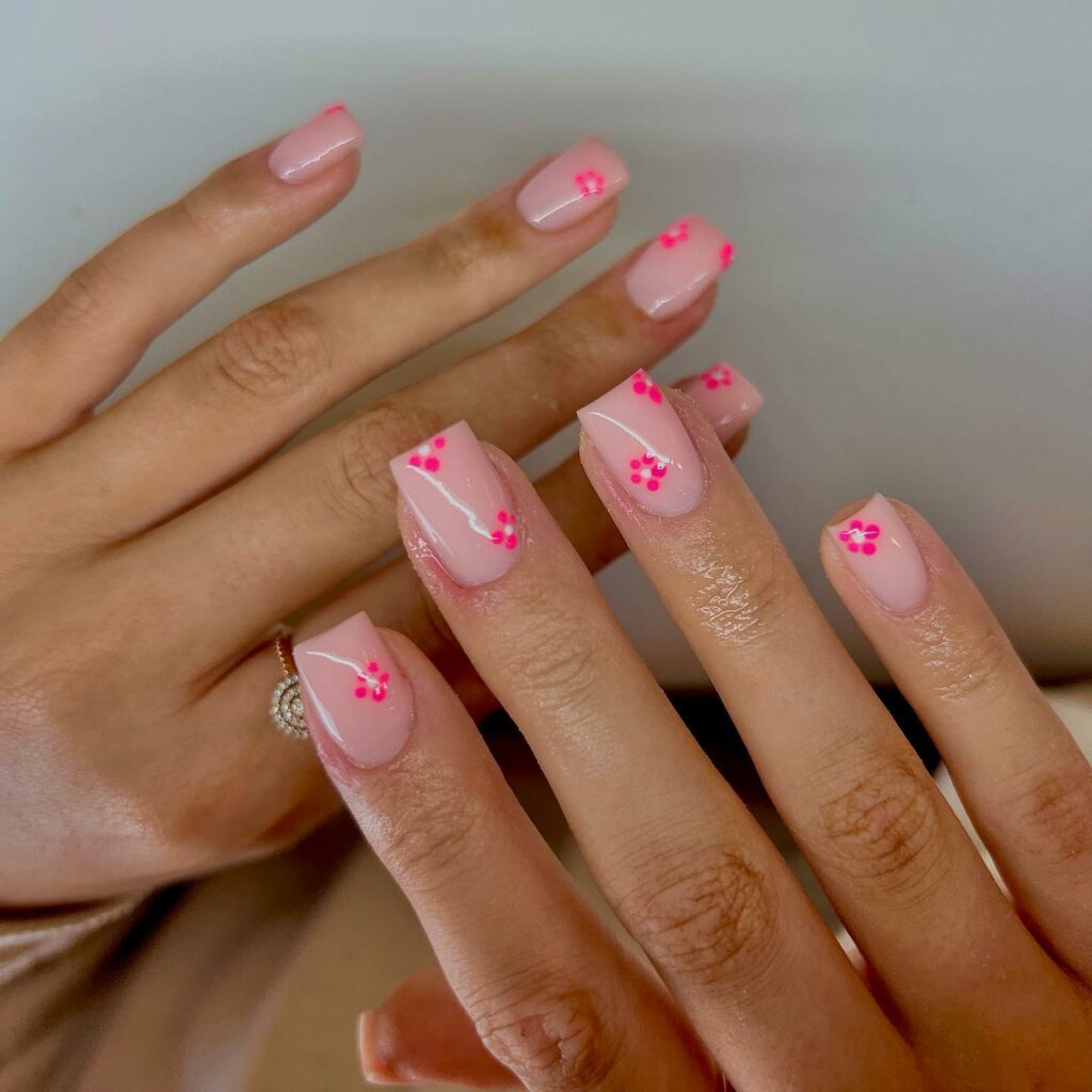 Pink Floral Short Acrylic Nails