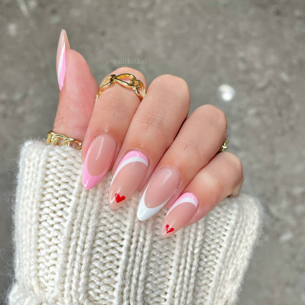 Pink Nails with French Tips and Hearts
