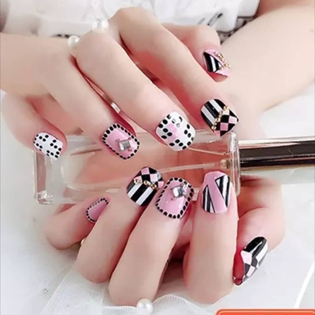 Pink & White Abstract Nails w Black Accents