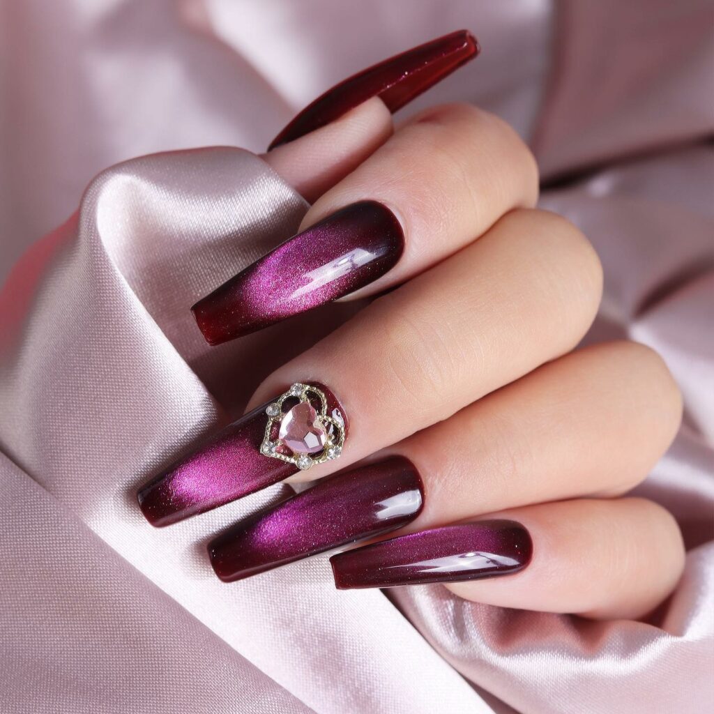 Pink and Purple Ombre Nails with Heart Designs