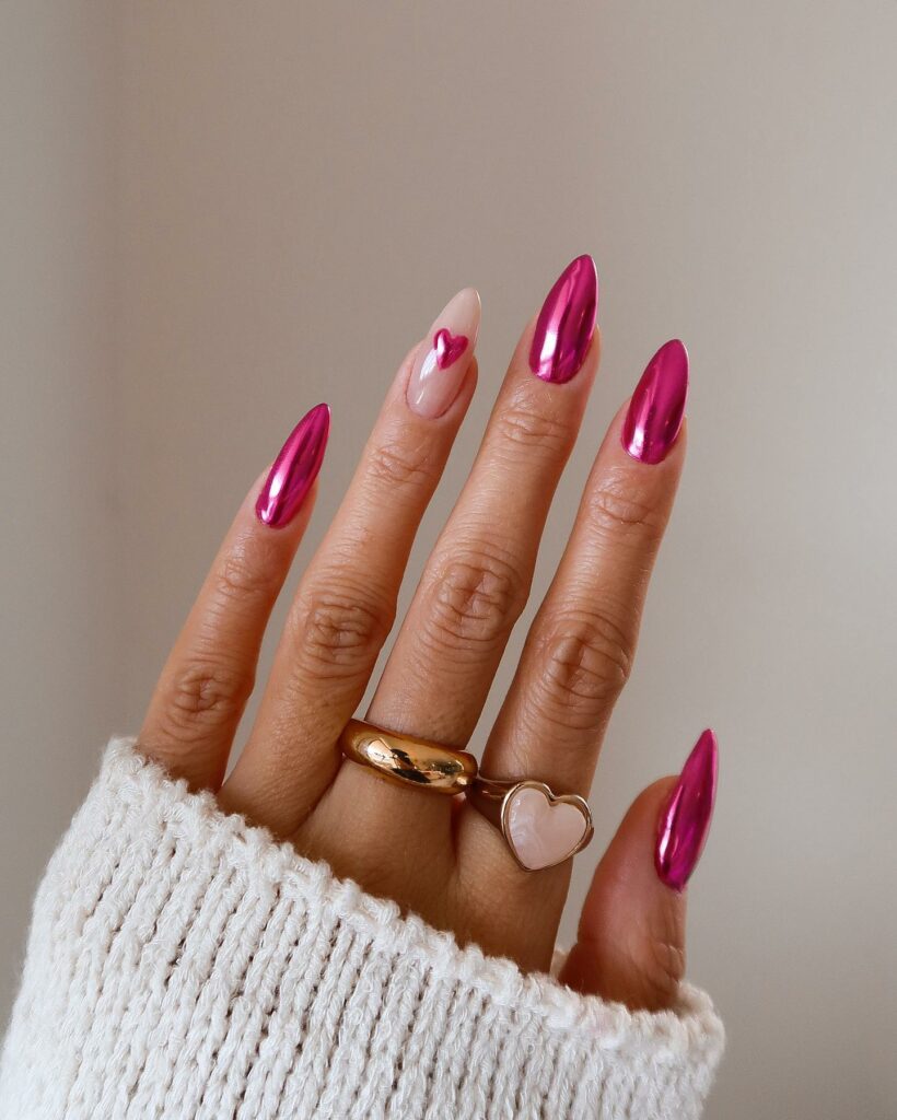 Charming Pink Chrome Nails with Heart Accents