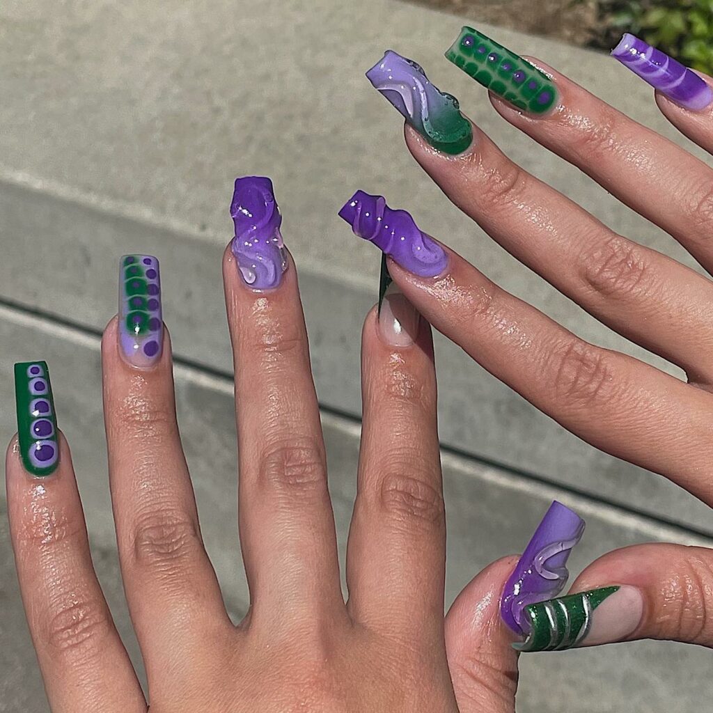 Purple and Green Star Galaxy Nails