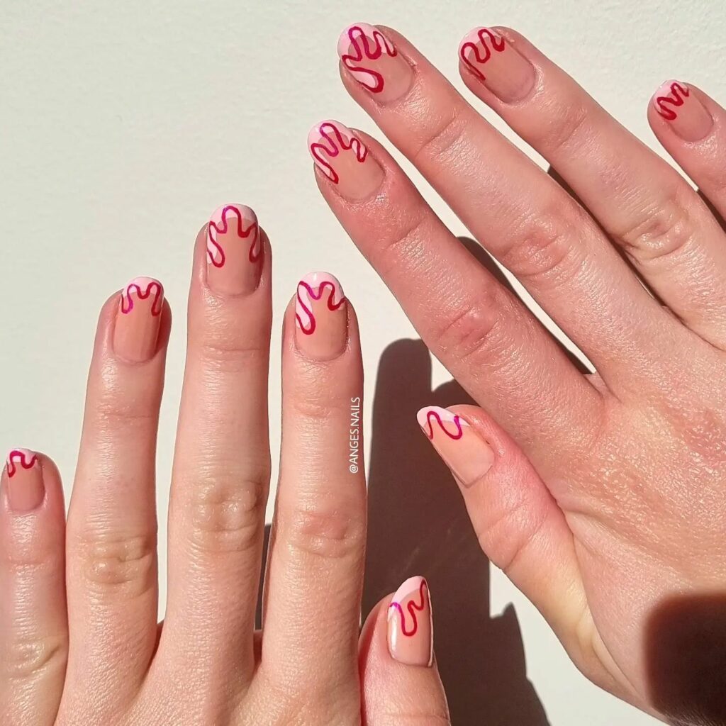Red Squiggle short Nails