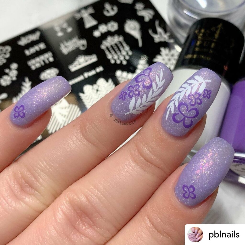 Refreshing Lavender Nails with Gray Floral Nail Art