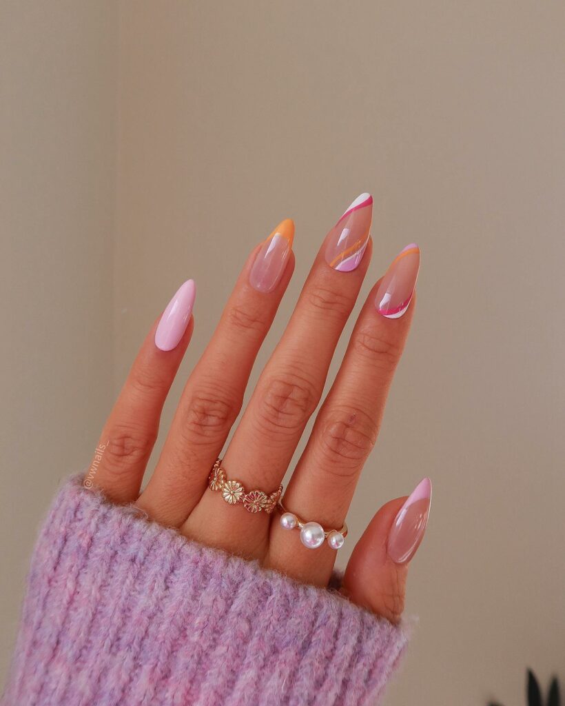 Salmon Pink + White Wavy Nails