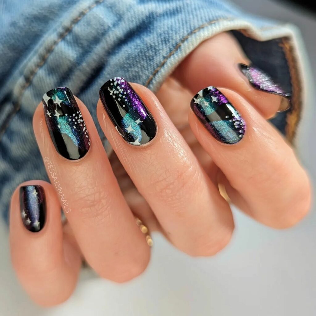 Short Sparkly Galaxy Nails
