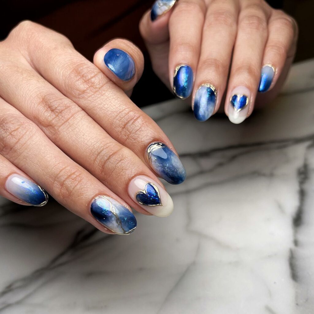 Silver and Blue Marble nails