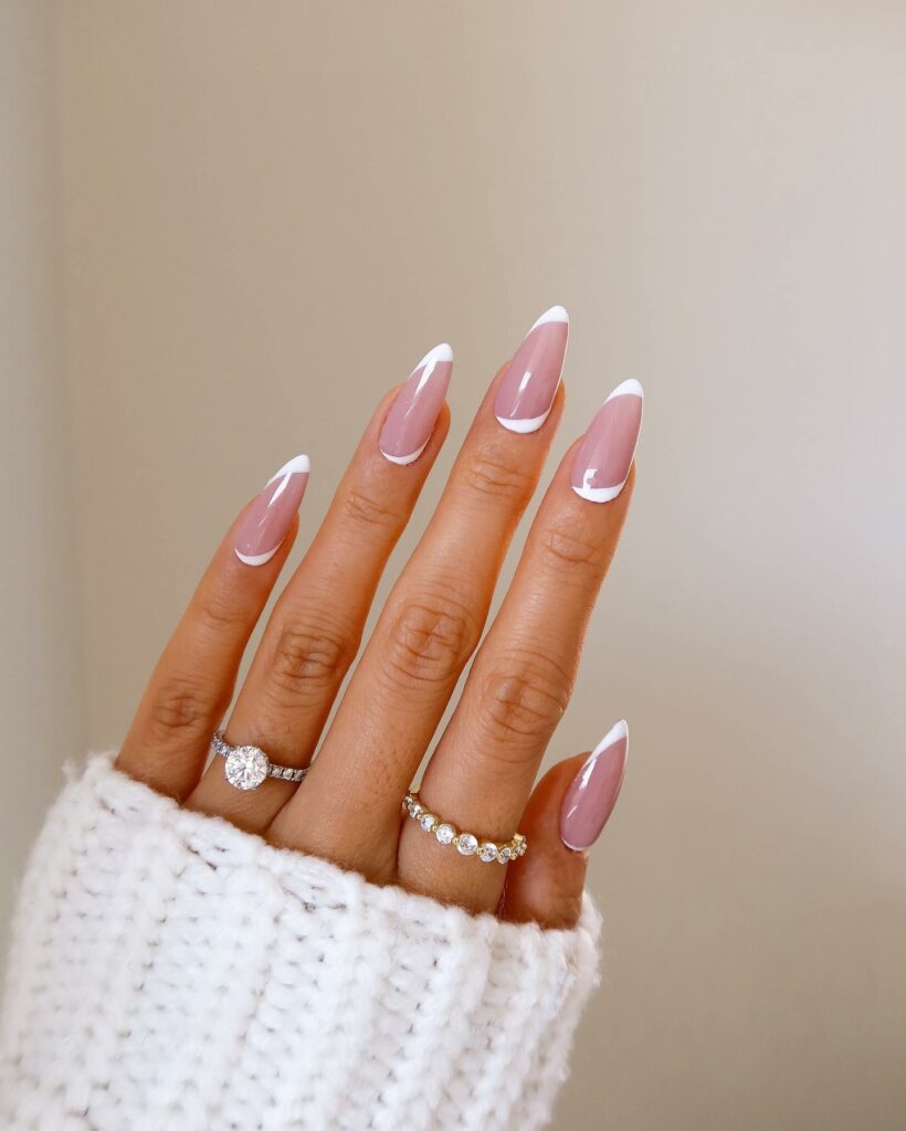 Soft Pink + White Almond Nails with Waves