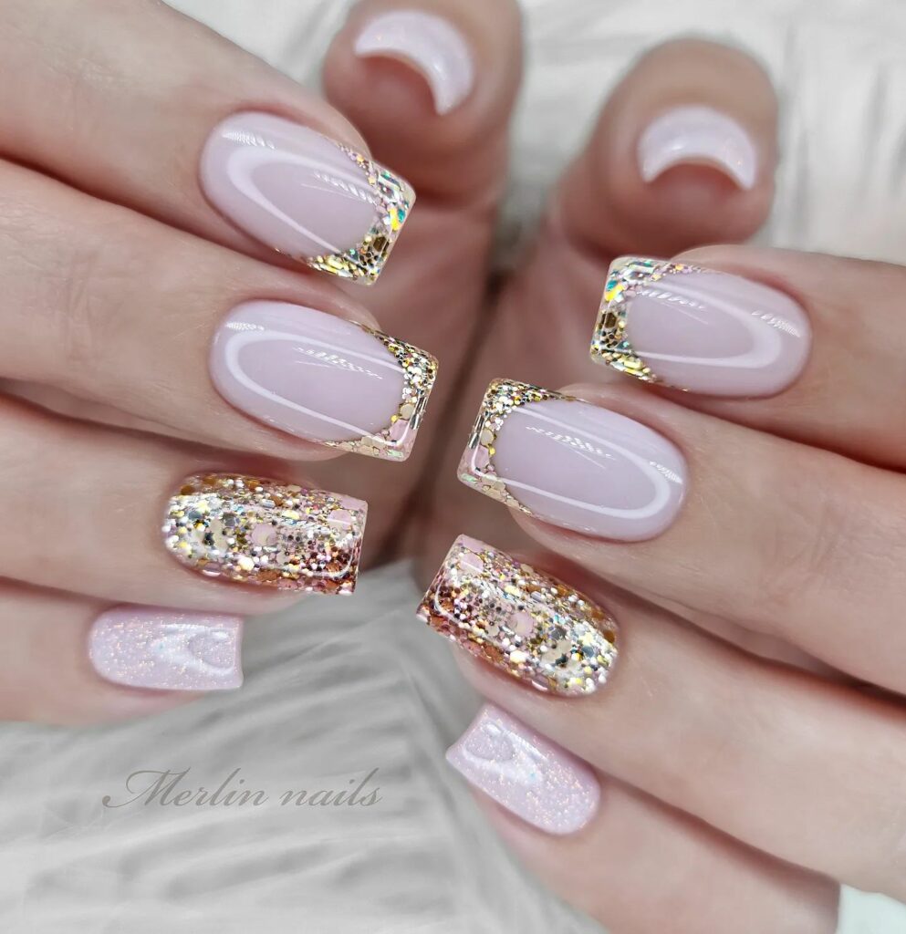 Soft White, Pink and Gold Nails