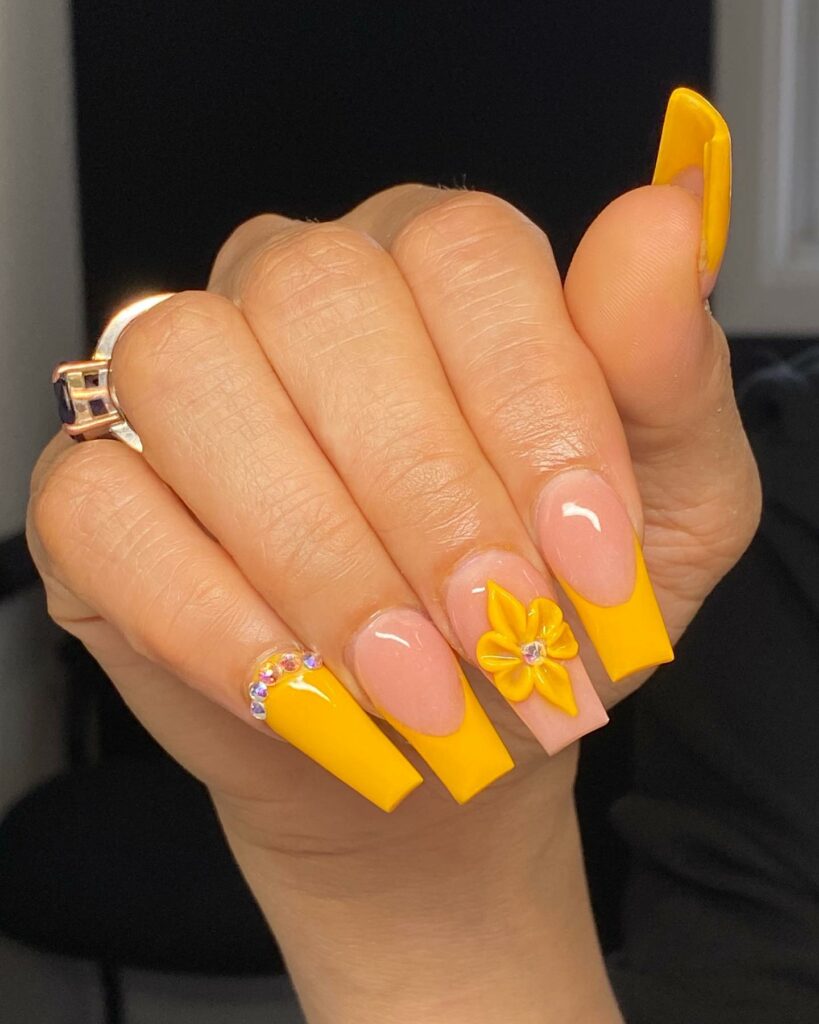 Topcoat Floral and Yellow French Short Acrylic Nails