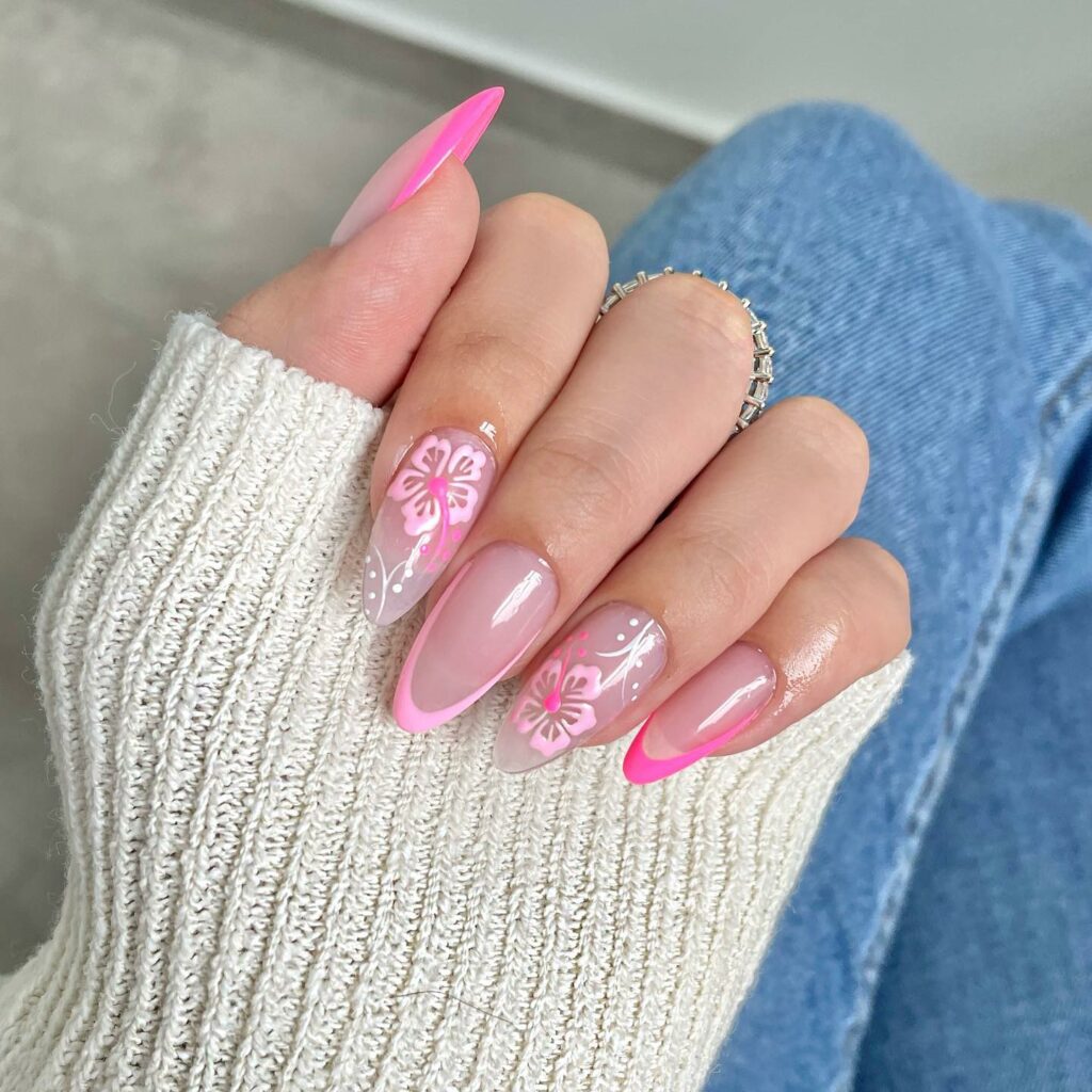 White Flowers on Pink Nails