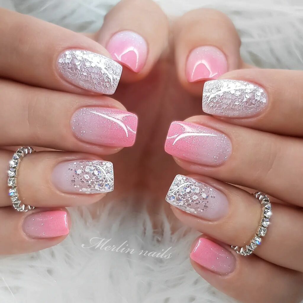 White Nails w Pink Glitter Ombre