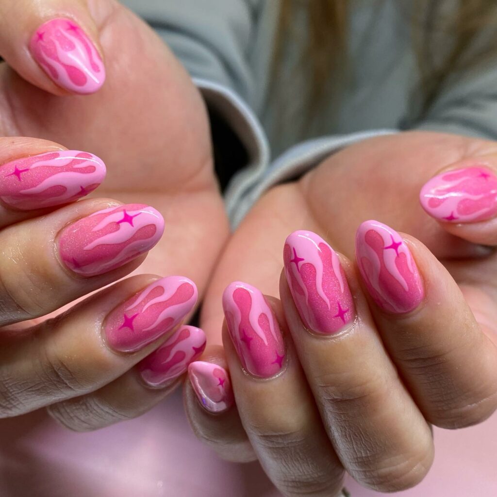 White Nails with Pink Flamingo