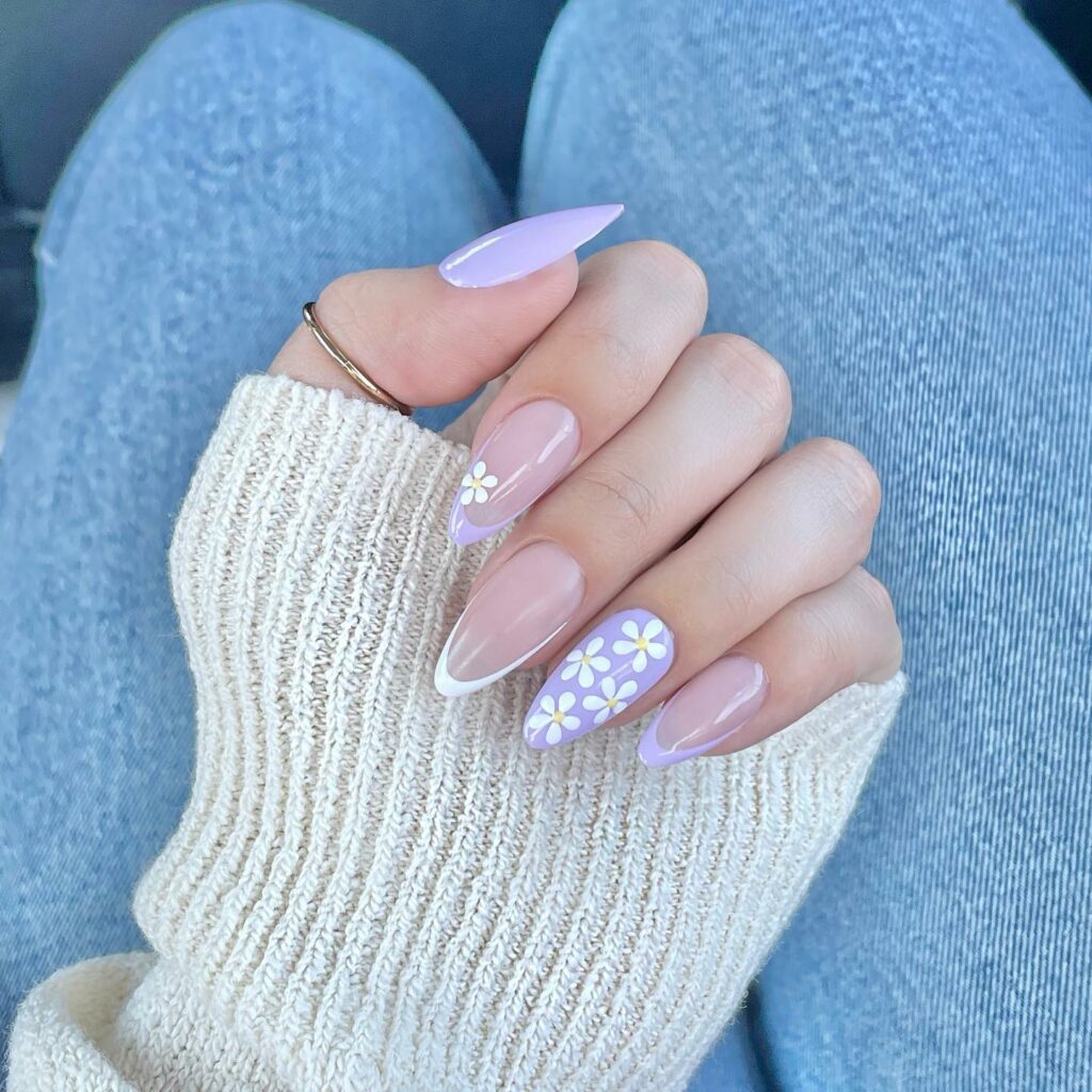 White Square Nails with Lavender Accent Nail