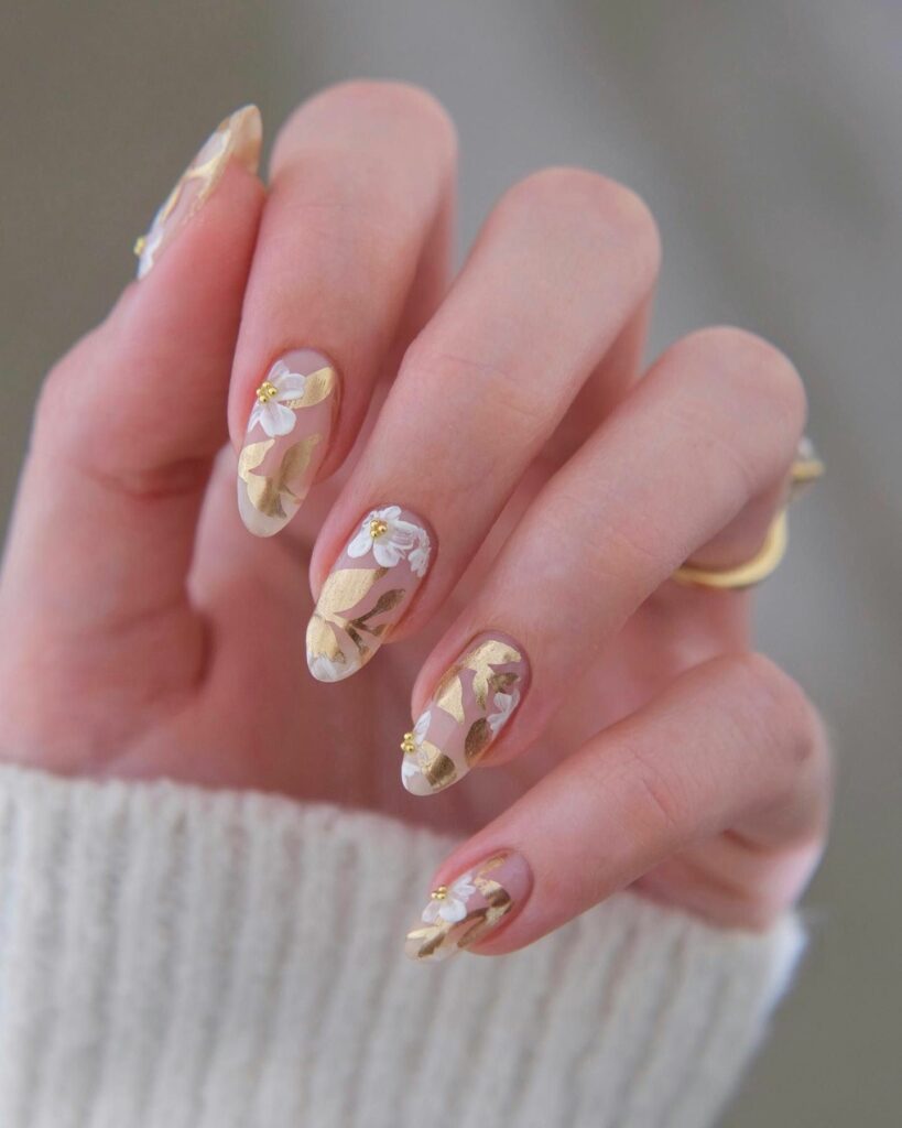 White Tips with Gold Flakes nails