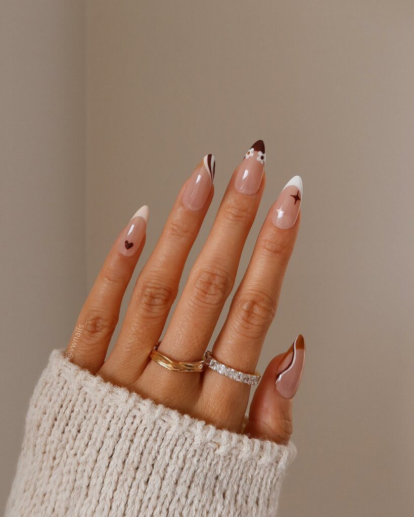 White-and-Brown Swirl French Tips