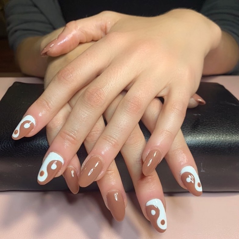 White and Brown Yin-Yang Nails