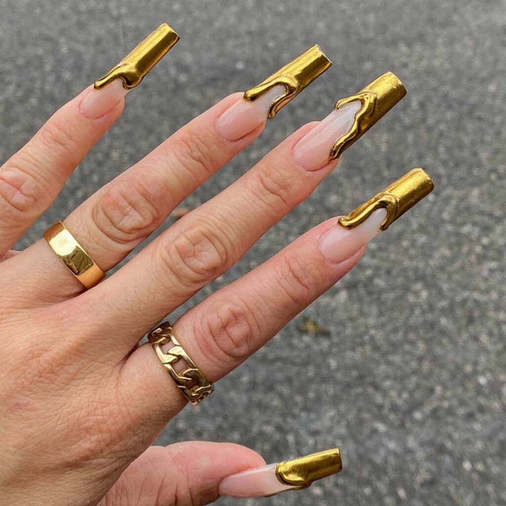 Yellow and Chrome Coffin Nails
