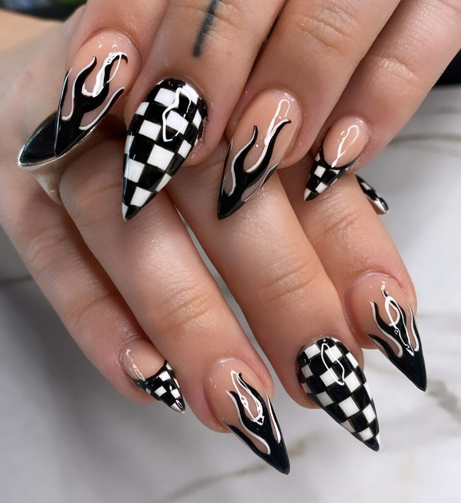 Checkerboard Patterns on Short Stiletto Nails