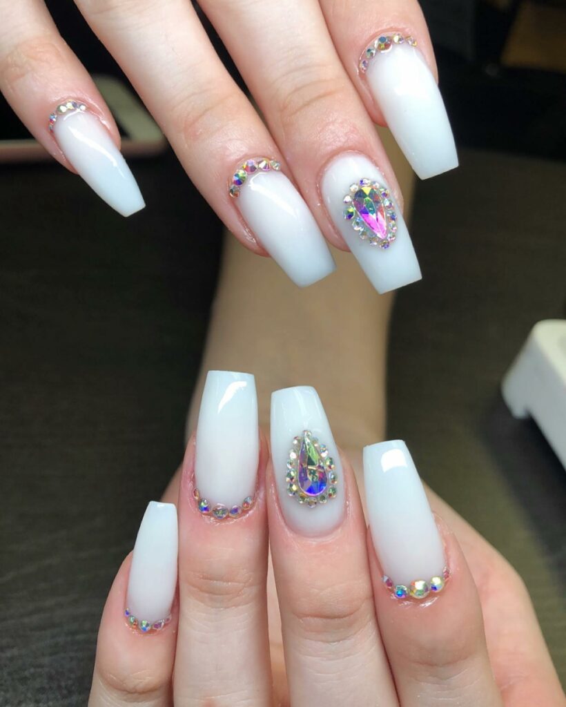White Nails with Crystal Accent