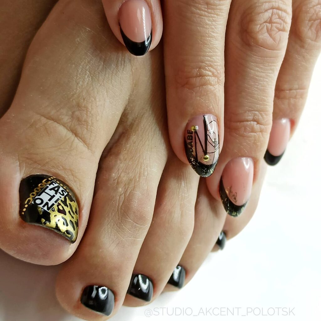 Combination Of Gold And Black Pedicure