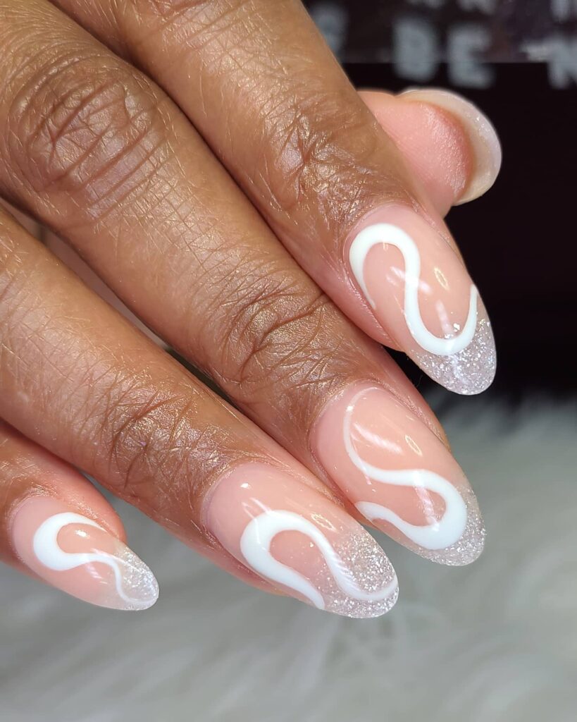 White Swirl Nails with Silver Glitter Accents