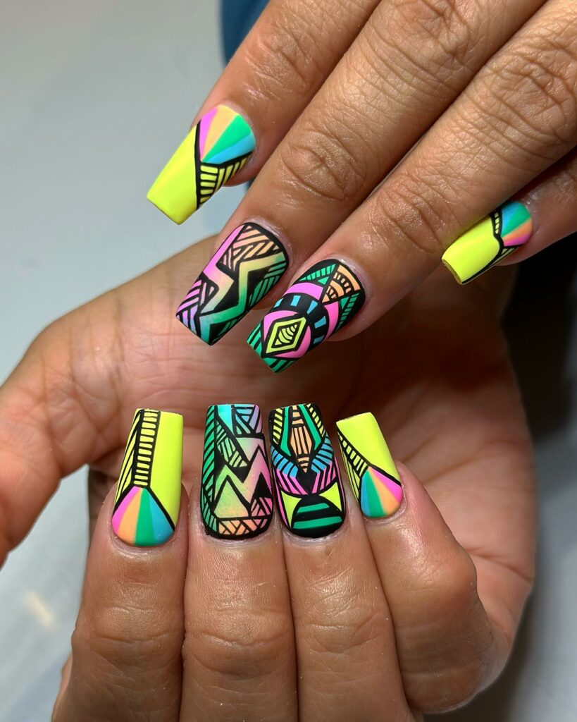 Vibrant Neon Cartoon Nails