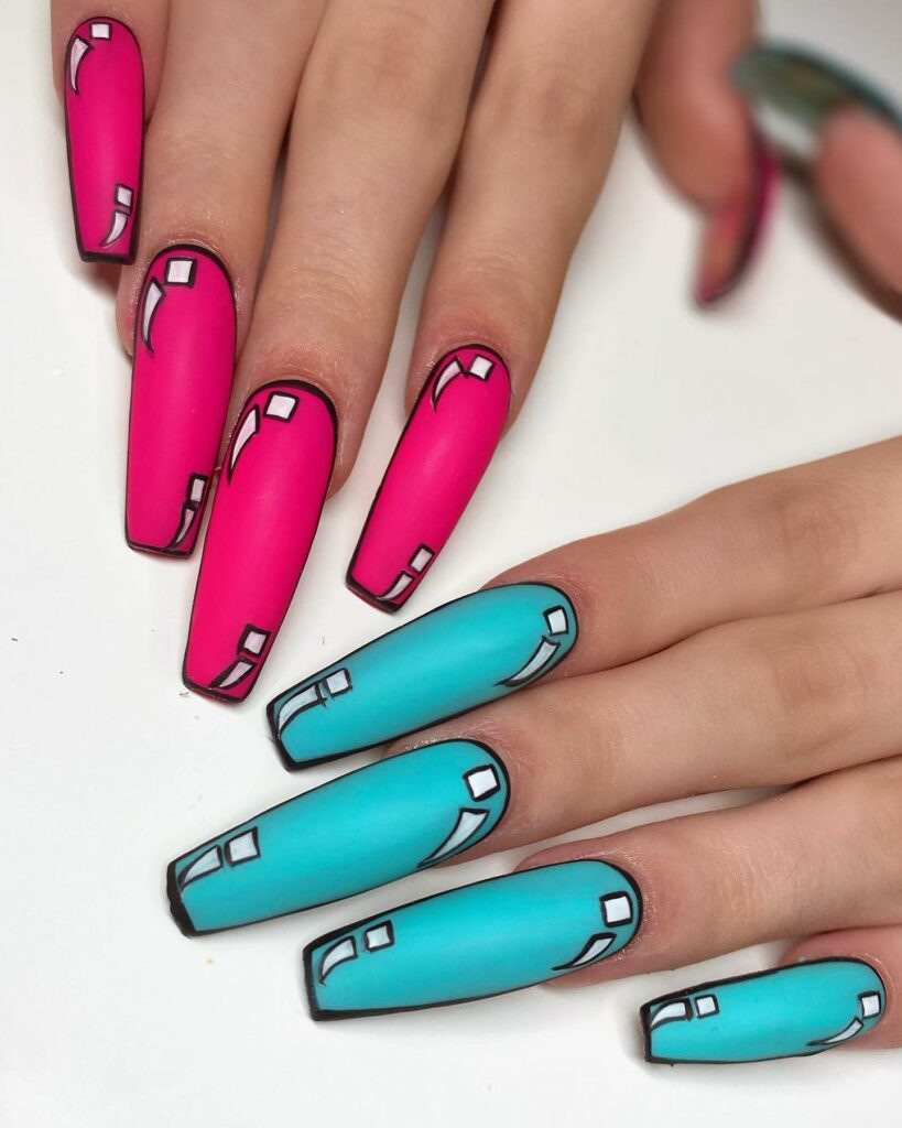 Vivid Pink and Blue Tones in Cartoon Nail Art