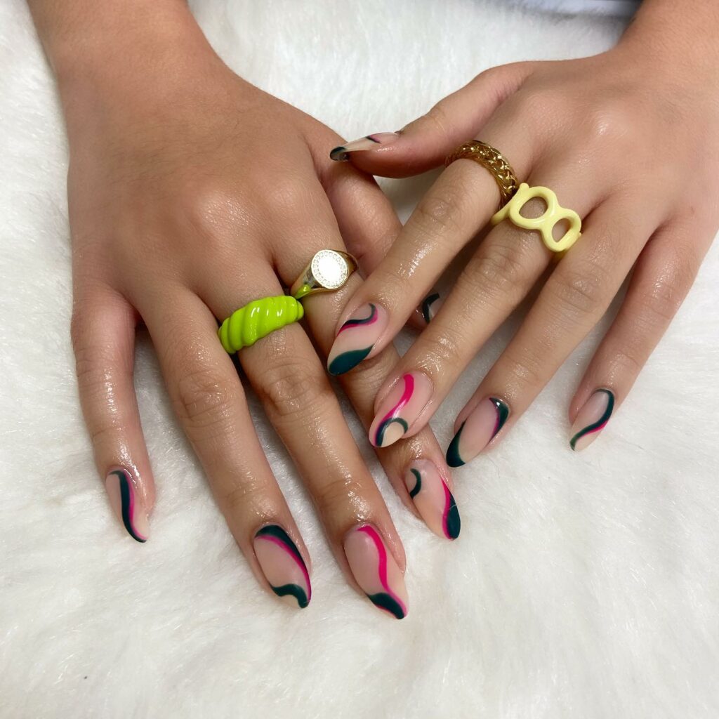  Colorful Matte Nails with Black Swirls