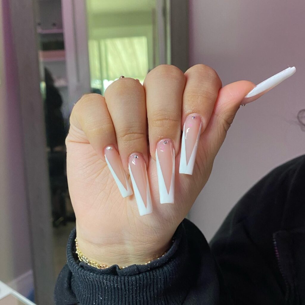 White Coffin V-Cut French Tip Nails With 