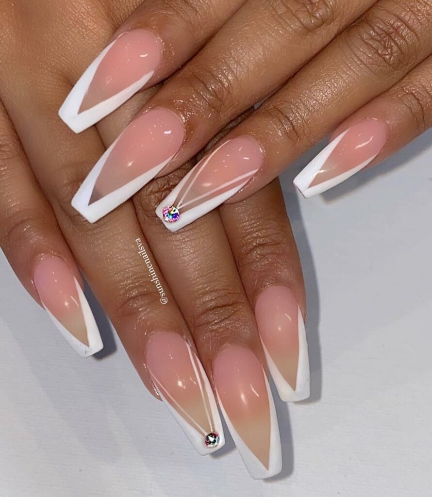 Mix It Up With Nude And White Tips Plus Rhinestones.